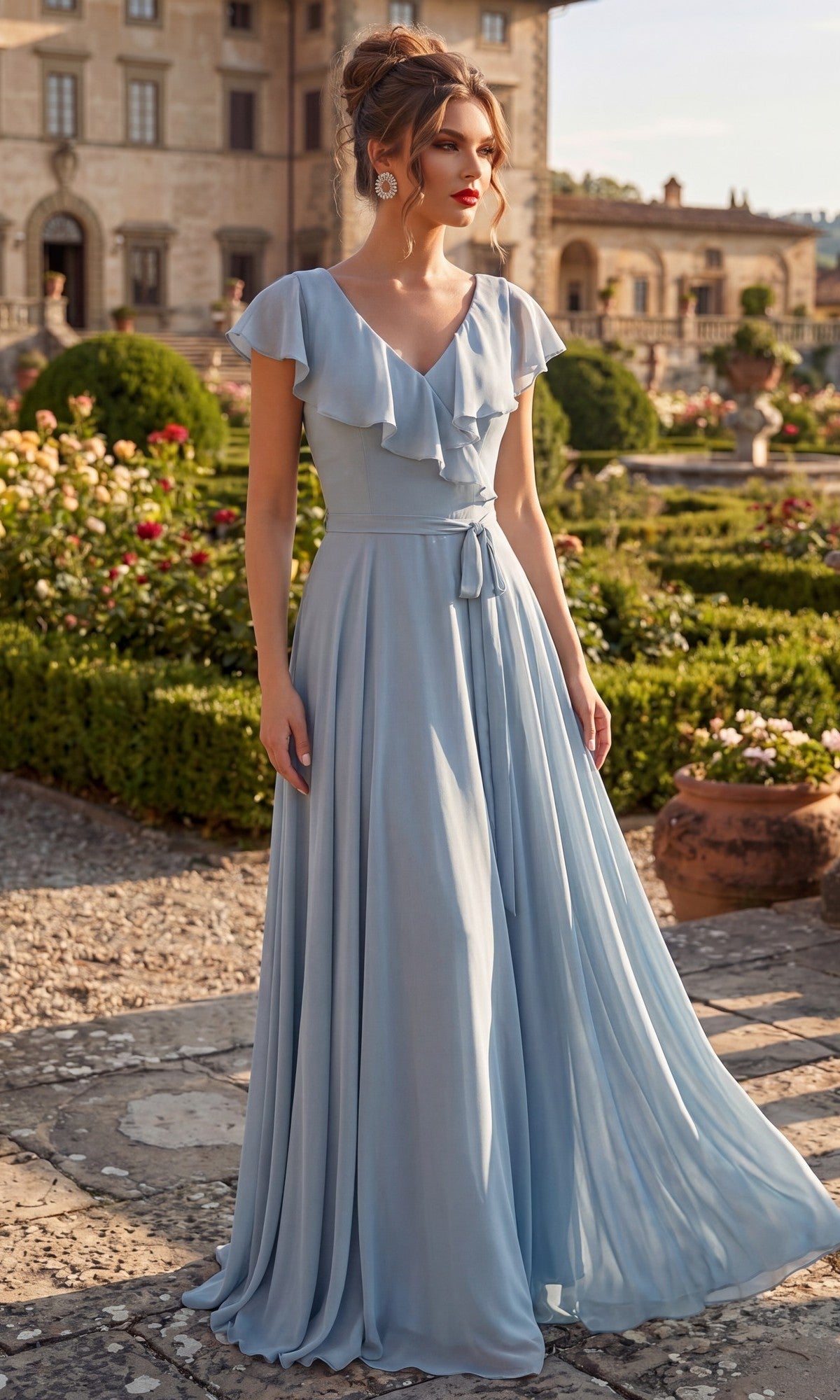 A woman stands in a formal garden with trimmed hedges and a historic building in the background, wearing the Chicas C2403 Long Formal Dress in Smoky Blue, featuring a floor-length chiffon design and an elegant A-line skirt.